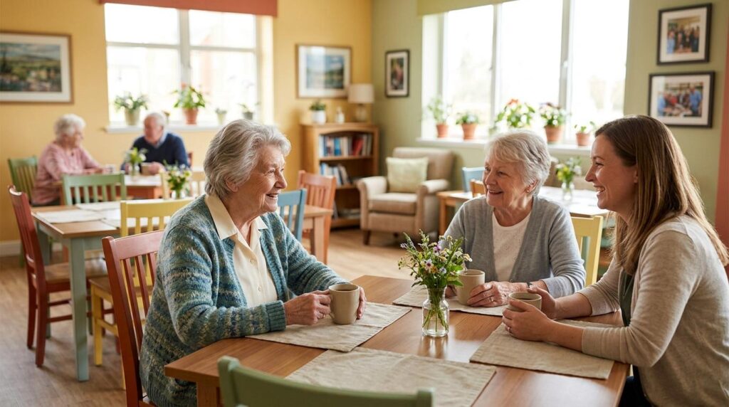 Smiling senior care staff member assisting a resident with daily activities in a warm, welcoming assisted living community.