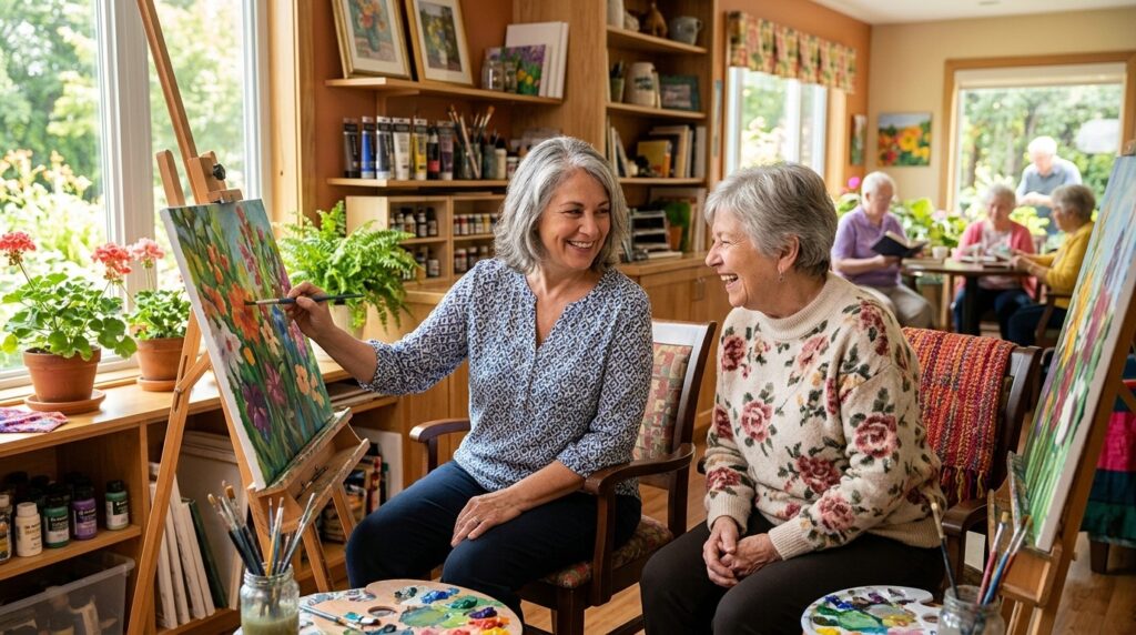 Smiling seniors enjoying amenities at an independent living community, including social spaces and outdoor areas.
