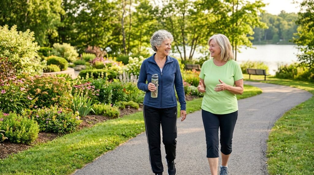 Smiling older adults walking a sunny outdoor trail near trees, enjoying nature and staying active together.
