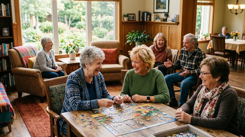 Seniors having a pleasant conversation and solving a puzzle together.