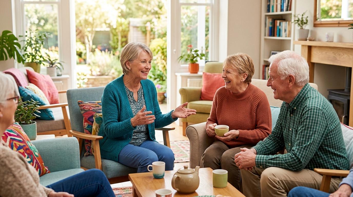 Group of seniors having a warm conversation in a living room setting.